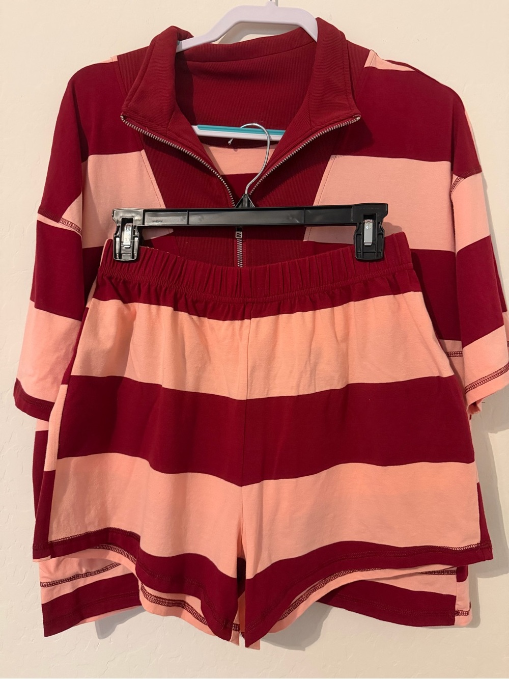 Striped Two-Piece Lounge Set in Burgundy & Blush, New, Size Medium FP lookalike